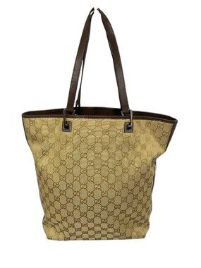 Gucci GG Canvas & Leather Tote Bag Monogrammed Tan Brown Striped Detailing